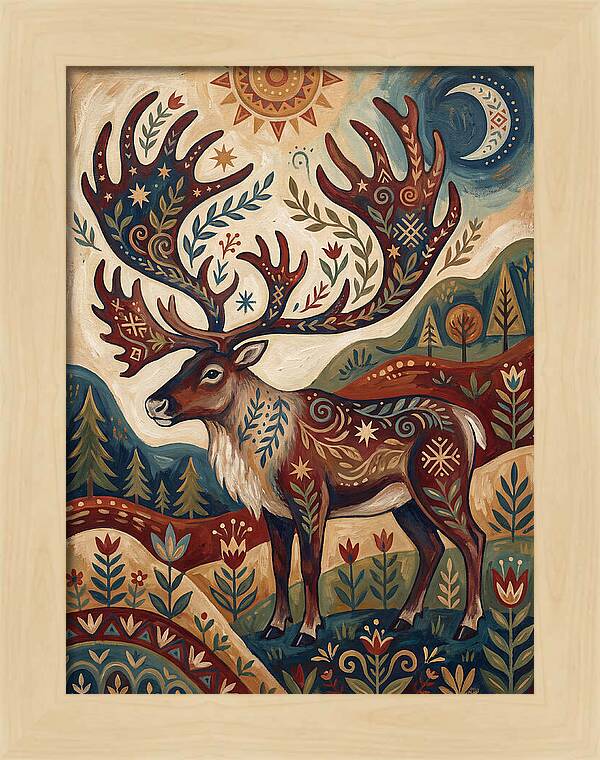 Caribou In Folk Art Style