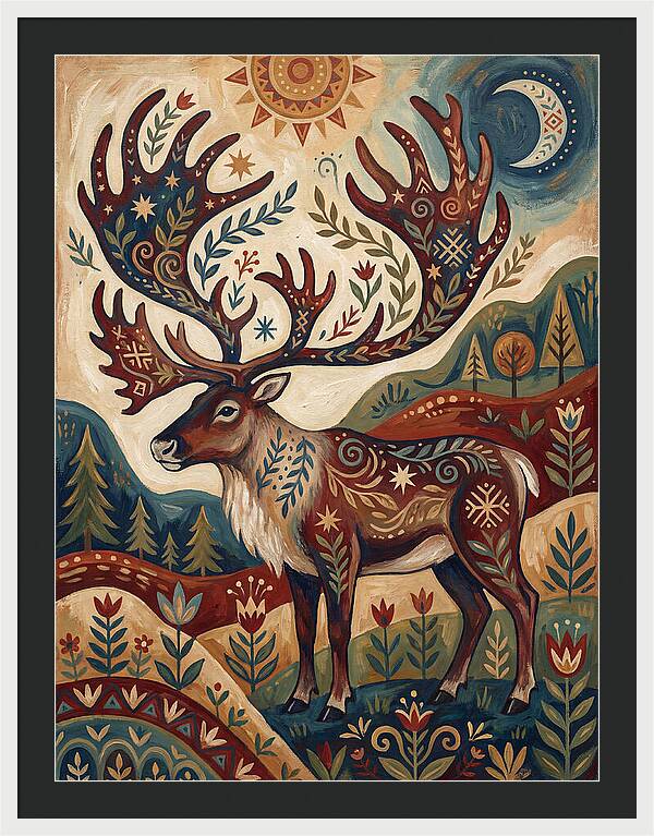 Caribou In Folk Art Style