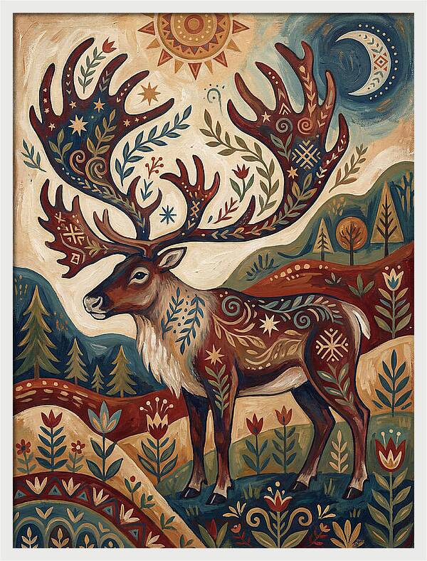 Caribou In Folk Art Style
