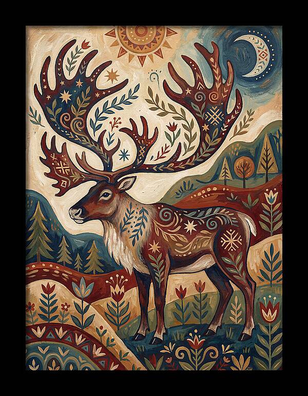 Caribou In Folk Art Style