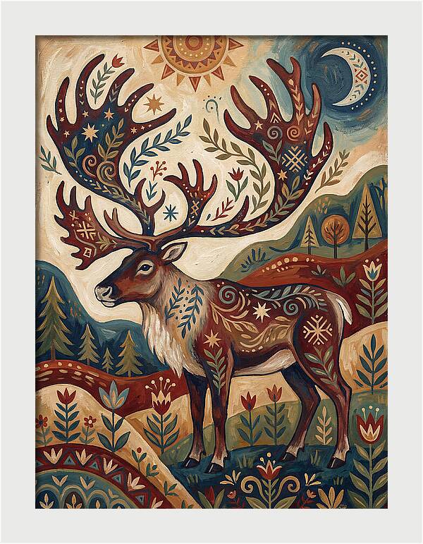 Caribou In Folk Art Style