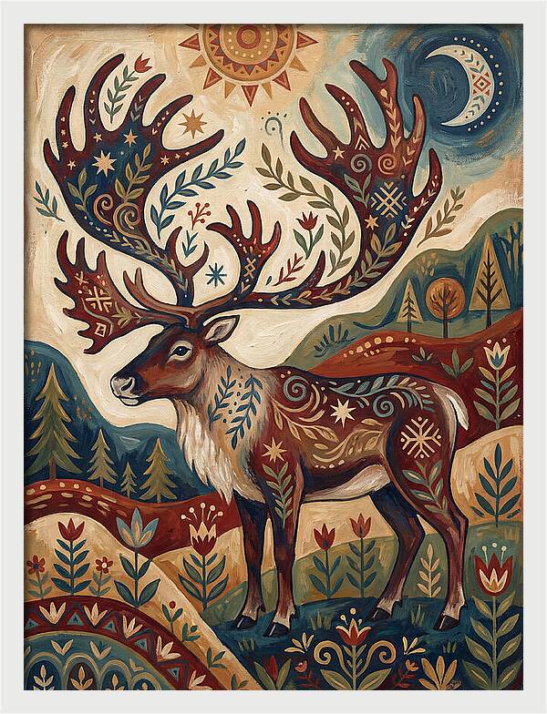 Caribou In Folk Art Style