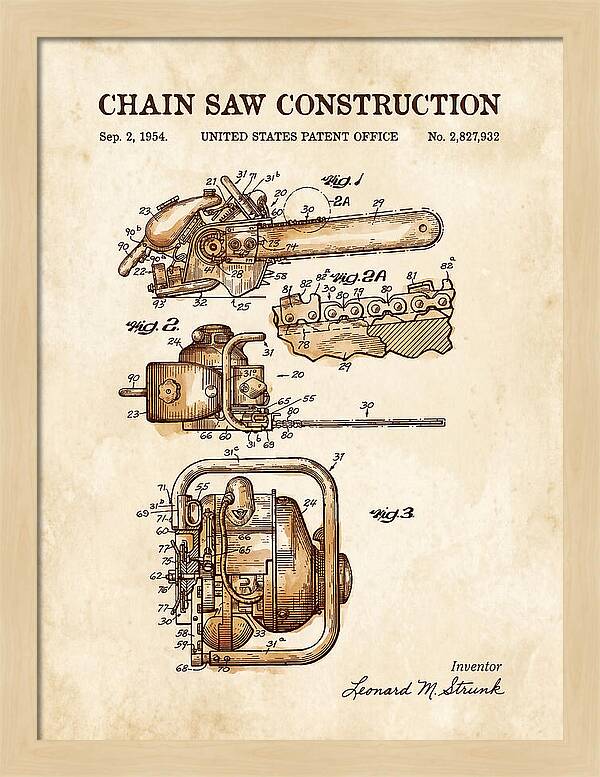 Chain Saw Watercolor Patent Us2827932a