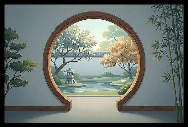 Chinese Moon Gate Framing Garden View