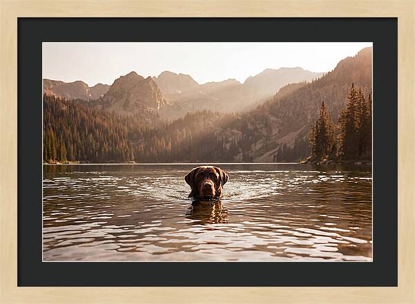 Chocolate Labrador Swimming In Mountain Lake