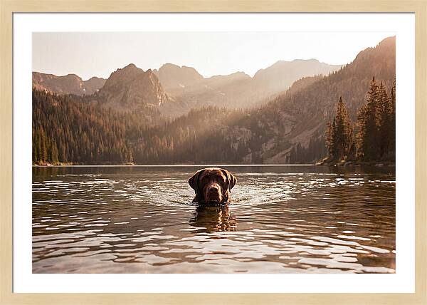 Chocolate Labrador Swimming In Mountain Lake