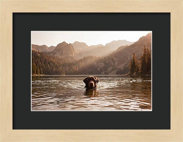 Chocolate Labrador Swimming In Mountain Lake