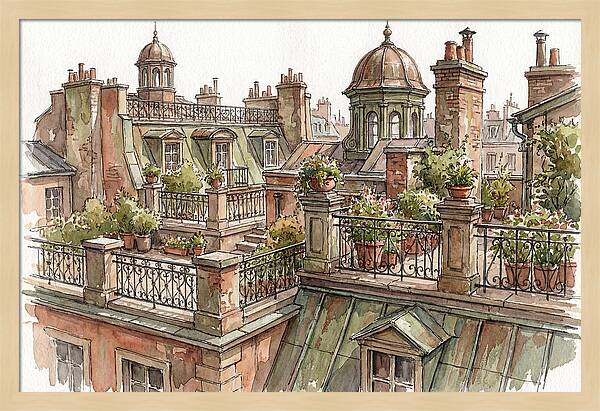 City Rooftops In Watercolor