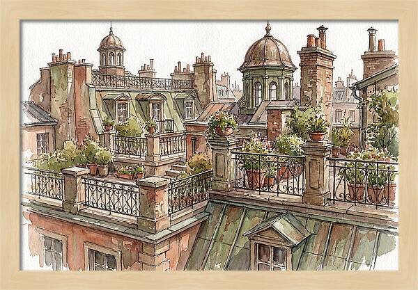 City Rooftops In Watercolor