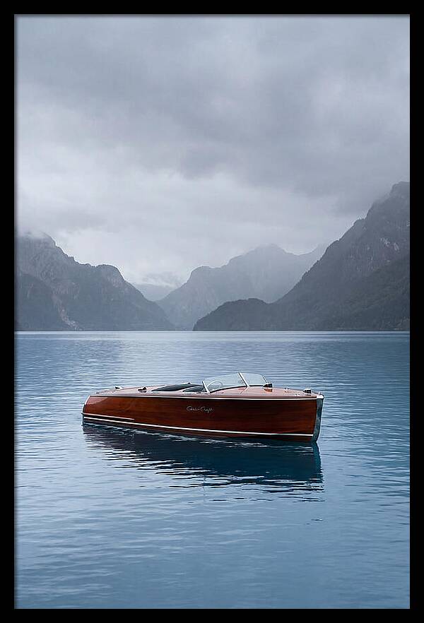 Classic Wooden Chris Craft On Blue Lake