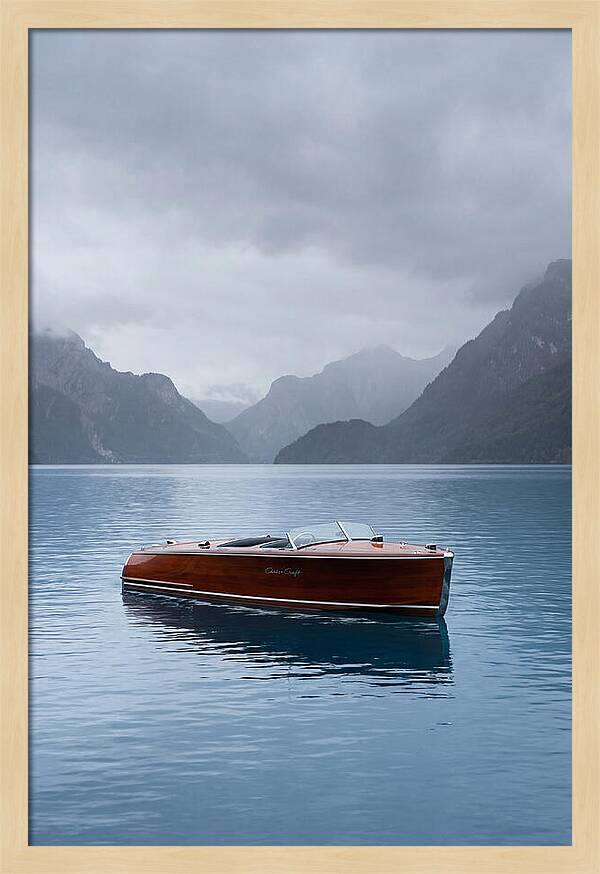 Classic Wooden Chris Craft On Blue Lake