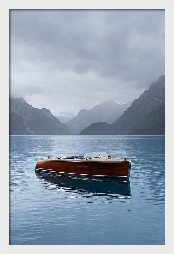 Classic Wooden Chris Craft On Blue Lake