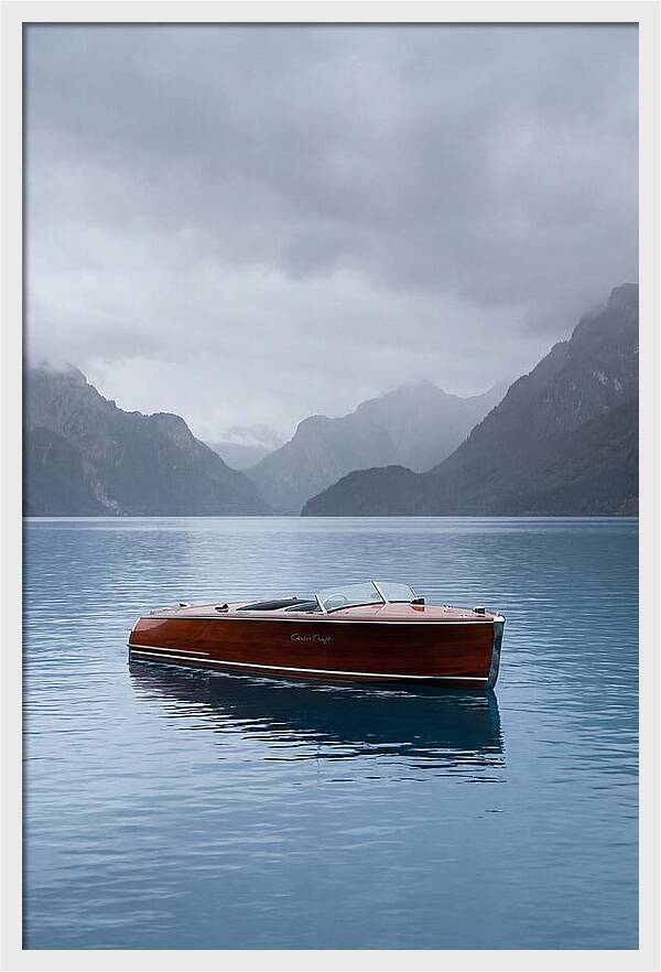 Classic Wooden Chris Craft On Blue Lake