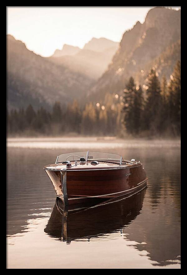 Classic Wooden Speedboat On Mountain Lake