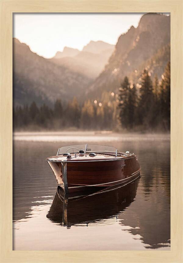 Classic Wooden Speedboat On Mountain Lake