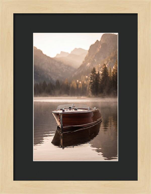 Classic Wooden Speedboat On Mountain Lake