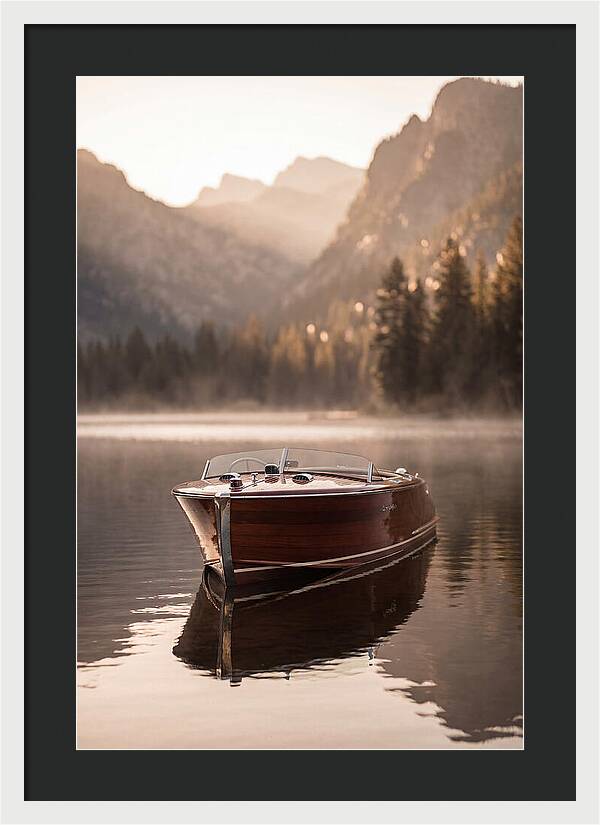 Classic Wooden Speedboat On Mountain Lake