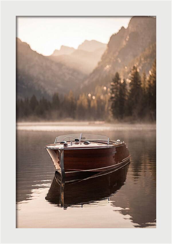 Classic Wooden Speedboat On Mountain Lake