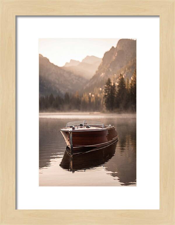 Classic Wooden Speedboat On Mountain Lake