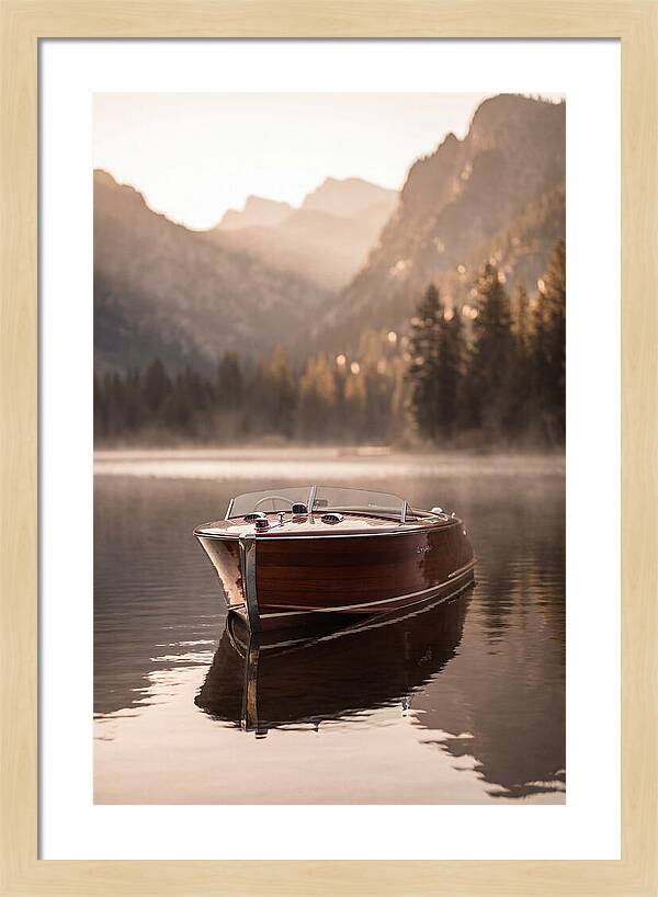 Classic Wooden Speedboat On Mountain Lake