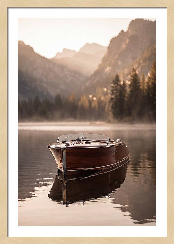 Classic Wooden Speedboat On Mountain Lake