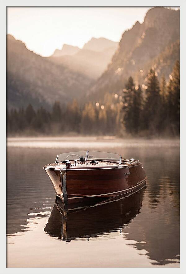 Classic Wooden Speedboat On Mountain Lake