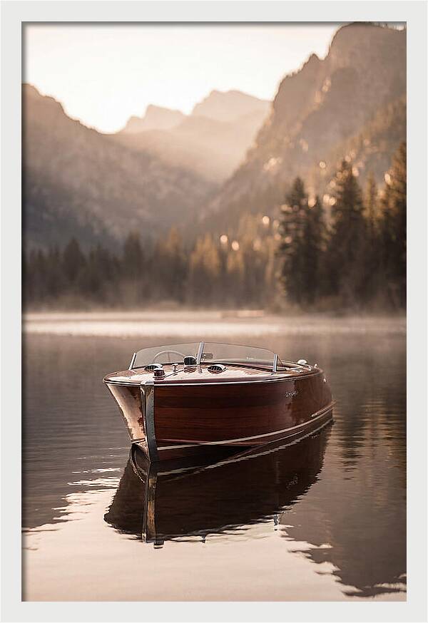 Classic Wooden Speedboat On Mountain Lake