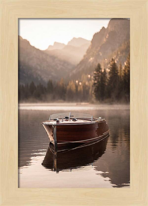Classic Wooden Speedboat On Mountain Lake