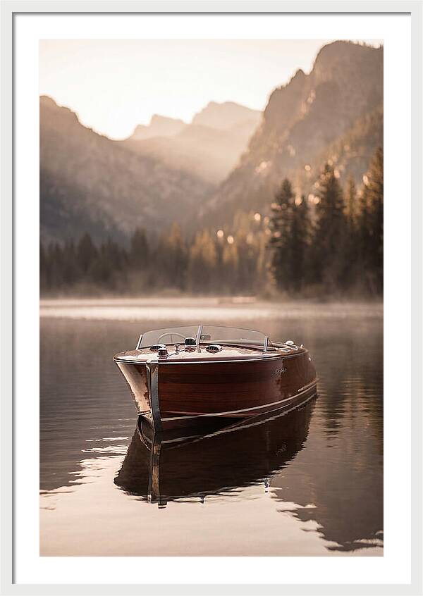 Classic Wooden Speedboat On Mountain Lake