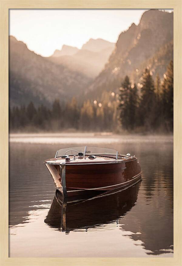 Classic Wooden Speedboat On Mountain Lake