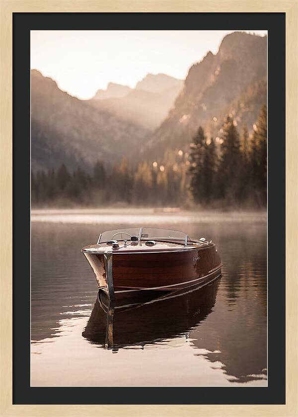 Classic Wooden Speedboat On Mountain Lake