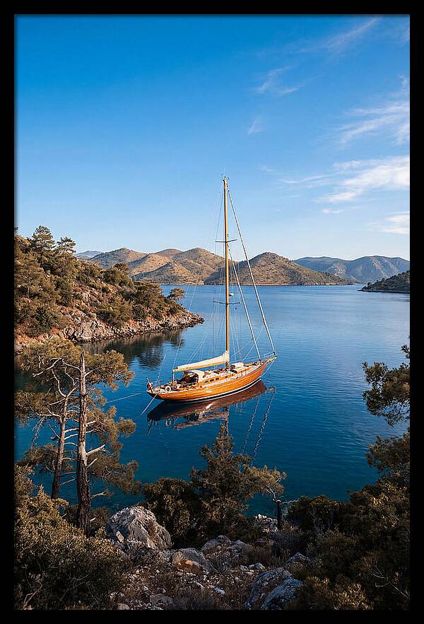 Classic Wooden Yacht Anchored Calmly