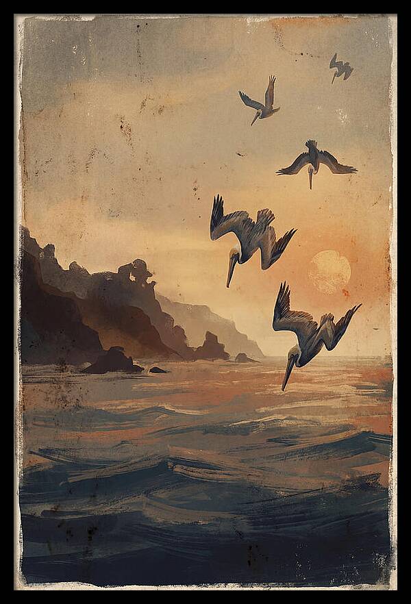 Coastal Pelicans At Sunset