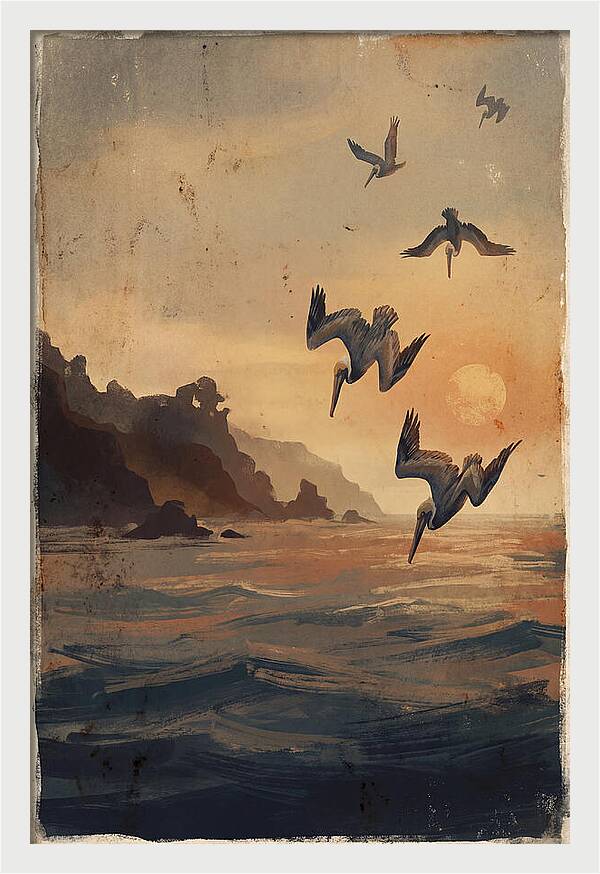 Coastal Pelicans At Sunset