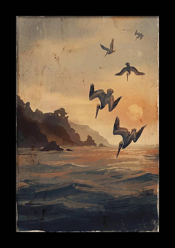 Coastal Pelicans At Sunset