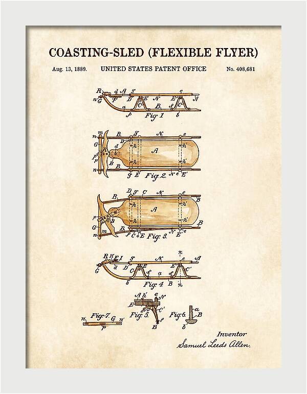 Coasting Sled Flexible Flyer Watercolor Patent Us408681a