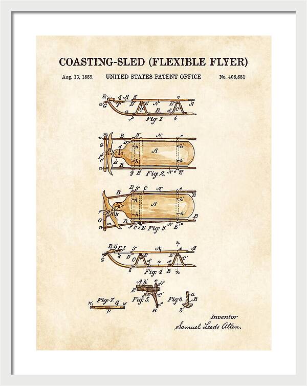 Coasting Sled Flexible Flyer Watercolor Patent Us408681a