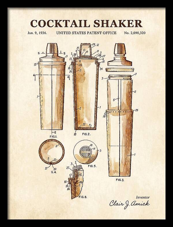 Cocktail Shaker Watercolor Patent Us2090320a