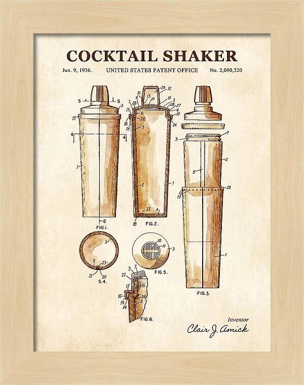 Cocktail Shaker Watercolor Patent Us2090320a