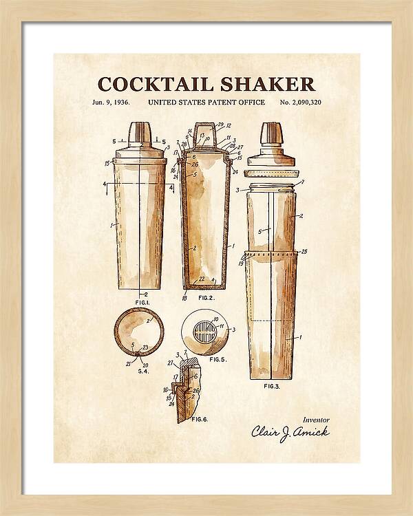Cocktail Shaker Watercolor Patent Us2090320a