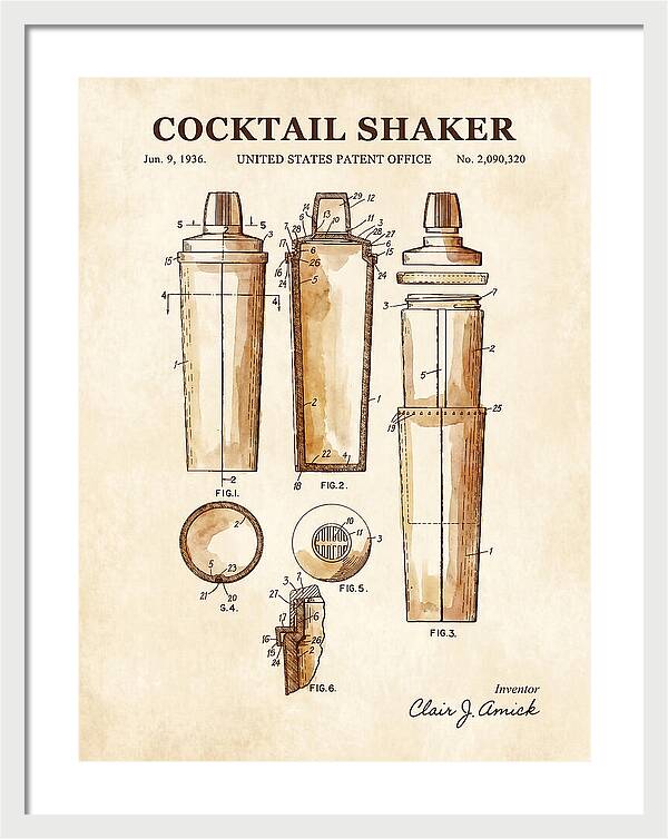 Cocktail Shaker Watercolor Patent Us2090320a