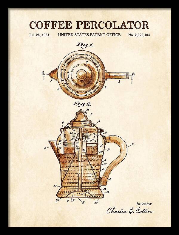 Coffee Percolator Watercolor Patent Us2020104a
