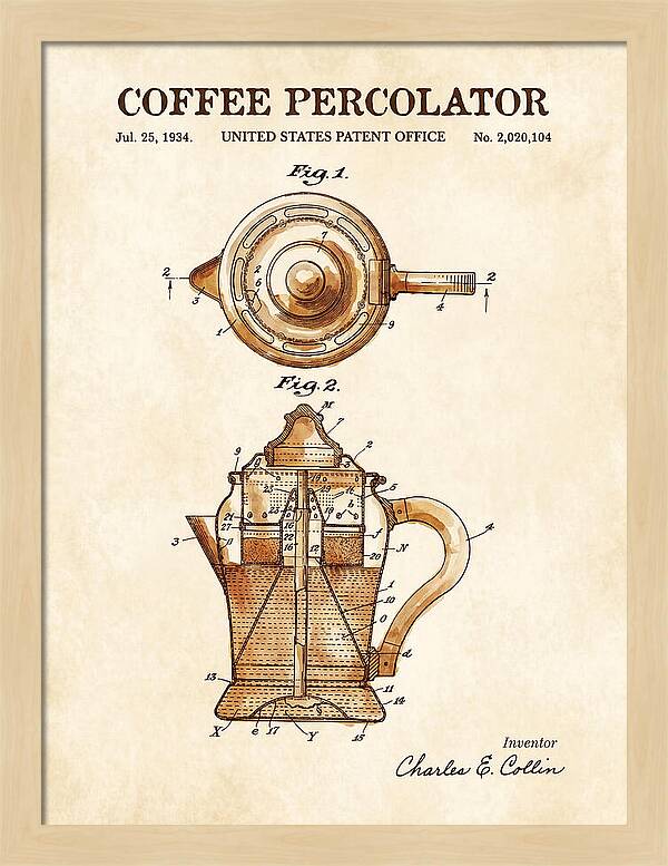 Coffee Percolator Watercolor Patent Us2020104a