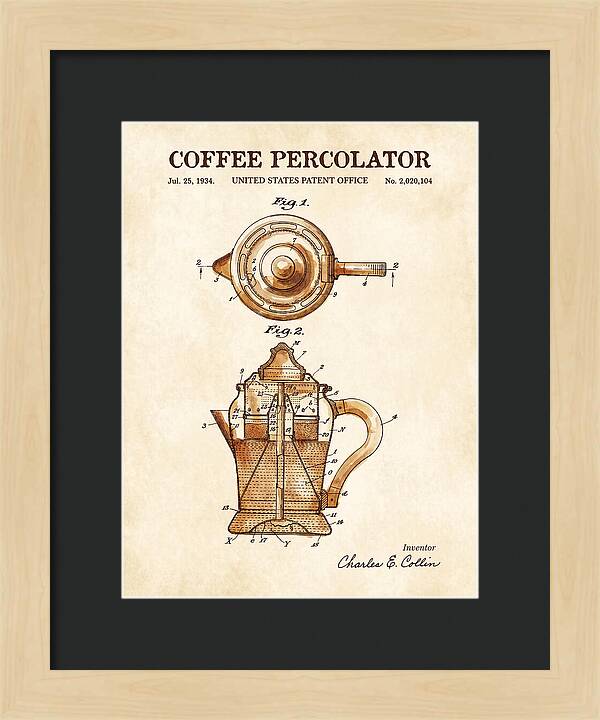 Coffee Percolator Watercolor Patent Us2020104a