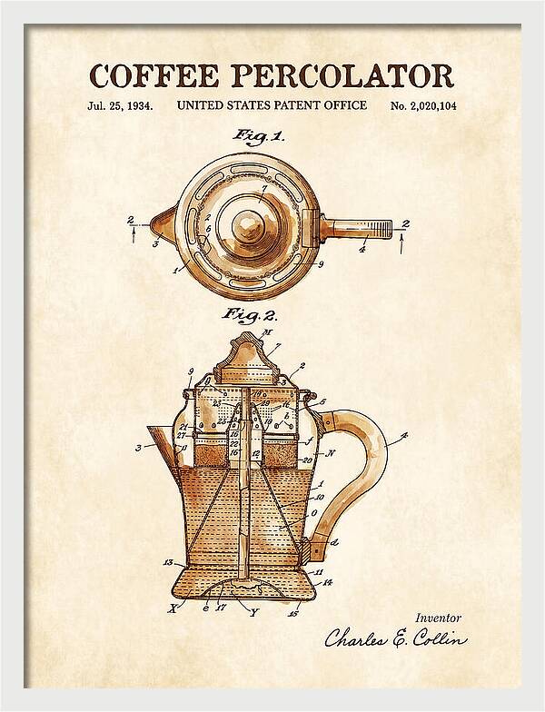 Coffee Percolator Watercolor Patent Us2020104a