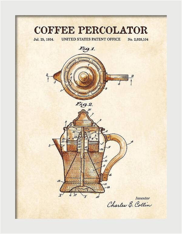 Coffee Percolator Watercolor Patent Us2020104a
