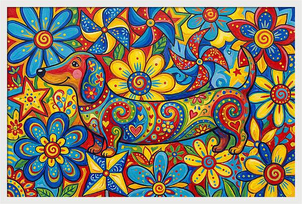 Colorful Dog Among Flowers