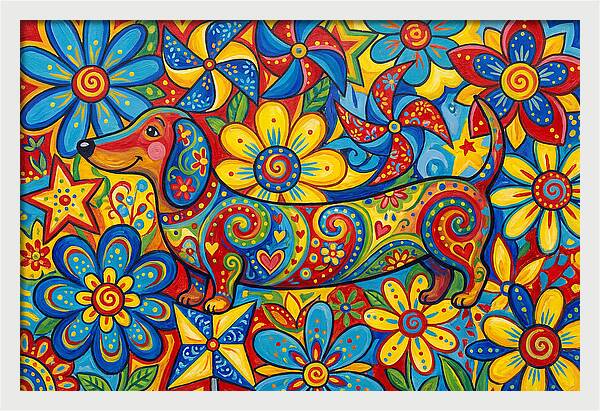 Colorful Dog Among Flowers