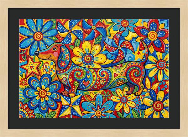 Colorful Dog Among Flowers