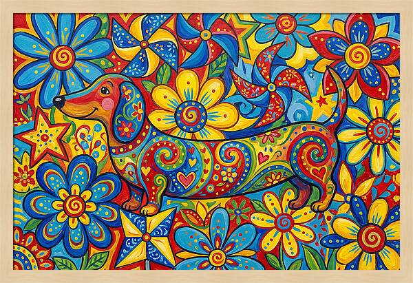 Colorful Dog Among Flowers